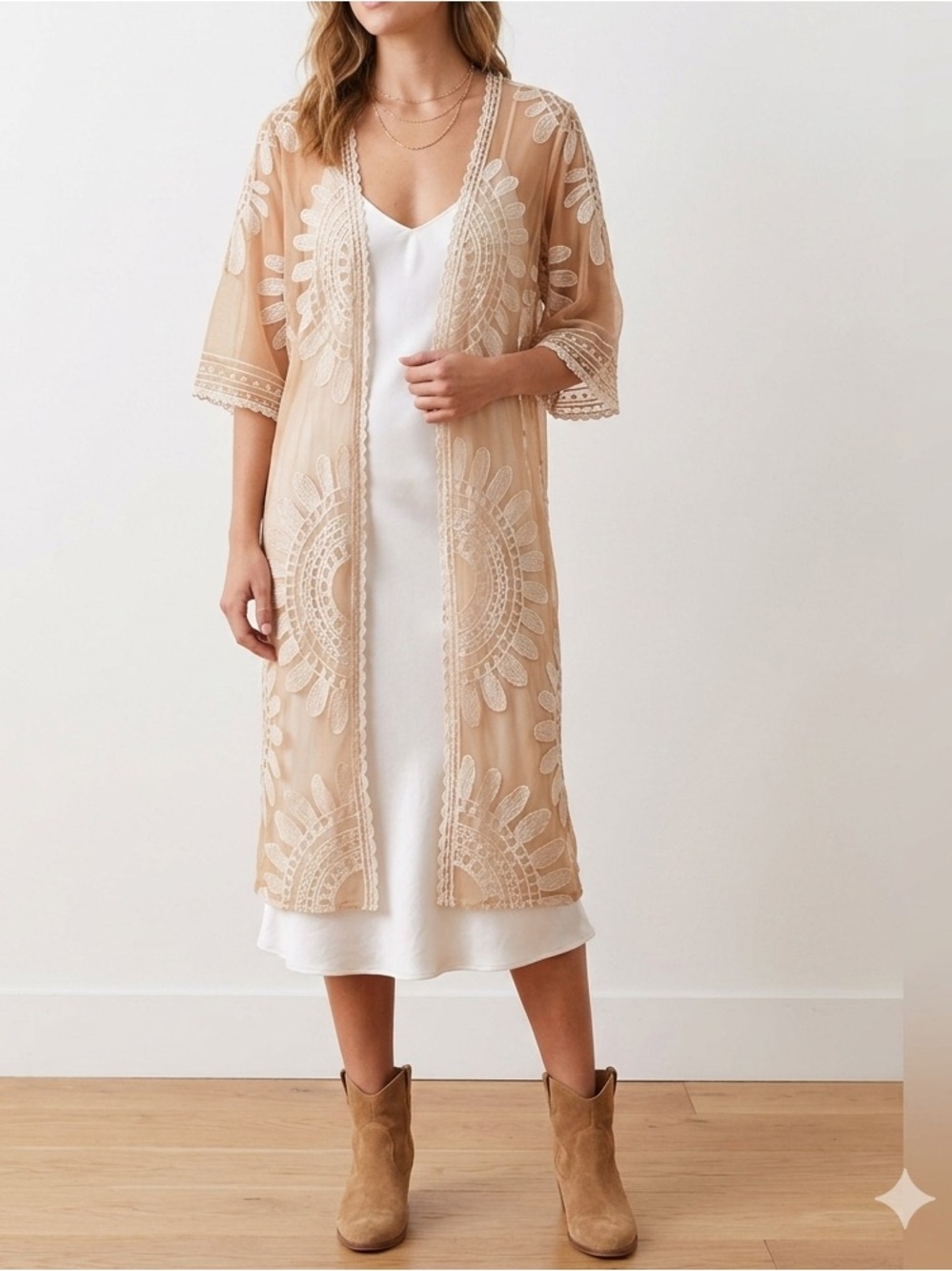 Rebellion Sheer Beige Mesh Top with White Embroidery